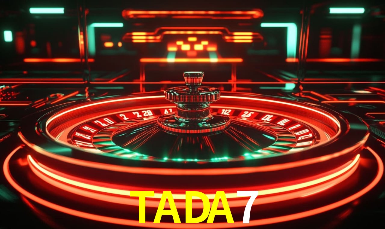 Una escena digital vívida inspirada en casino con TADA7 mostrado prominentemente, luces brillantes, fichas, cartas y acentos dorados.